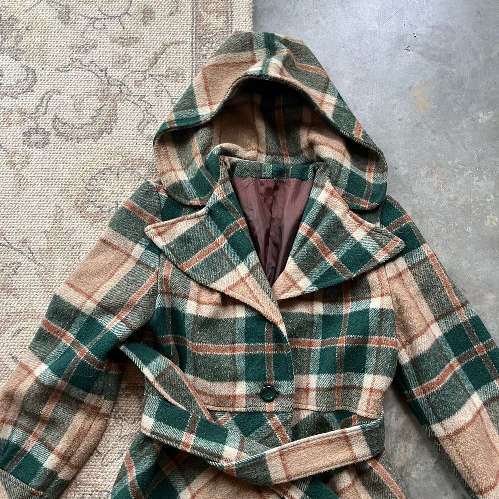 Vintage Green and Tan Plaid Wool Trench Coat - Picture 2 of 3